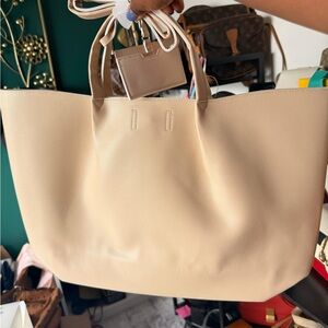 Image Skincare Cream Beige Faux Leather Tote Bag Large Everyday Shoulder Bag
